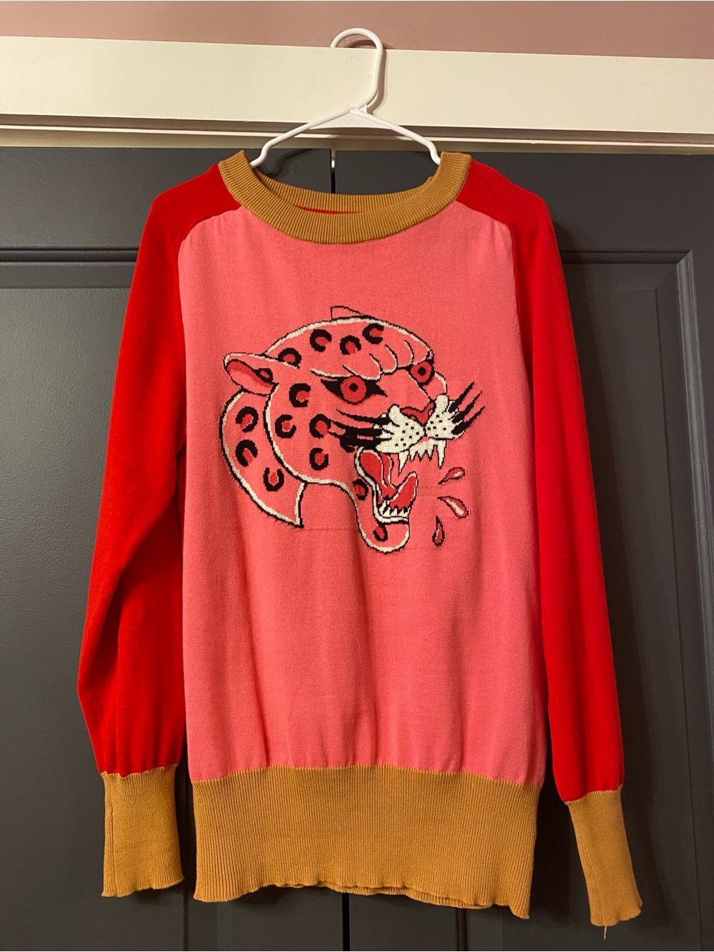 Women’s Pink & Red Leopard-Front Pullover Sweater with Mustard Trim
